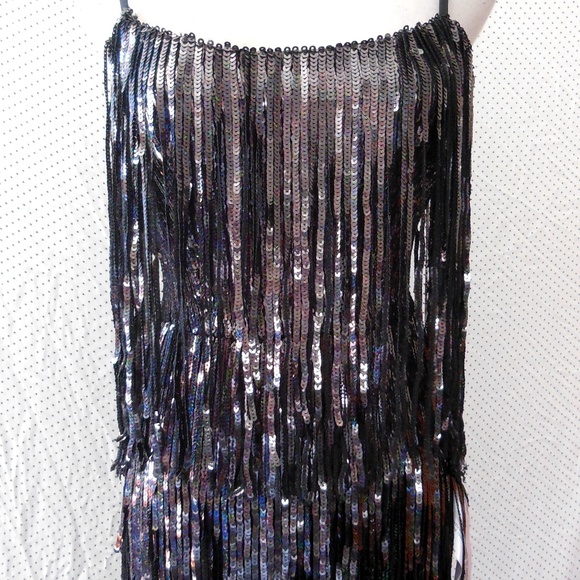 NEW DRESS THE POPULATION Onyx ROXY Sequin FRINGE 1920's Flapper SHIFT DRESS XXS - Picture 6 of 16